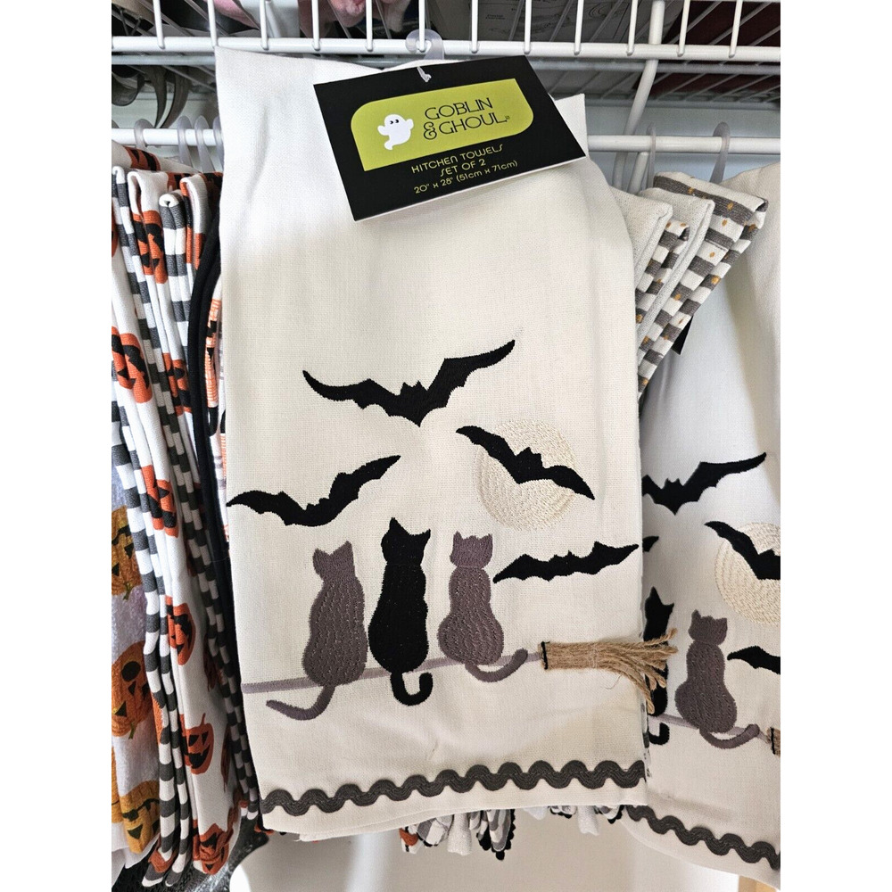 Goblin & Ghoul Halloween Cats On A Broomstick Kitchen Towels 2pk Embrodered